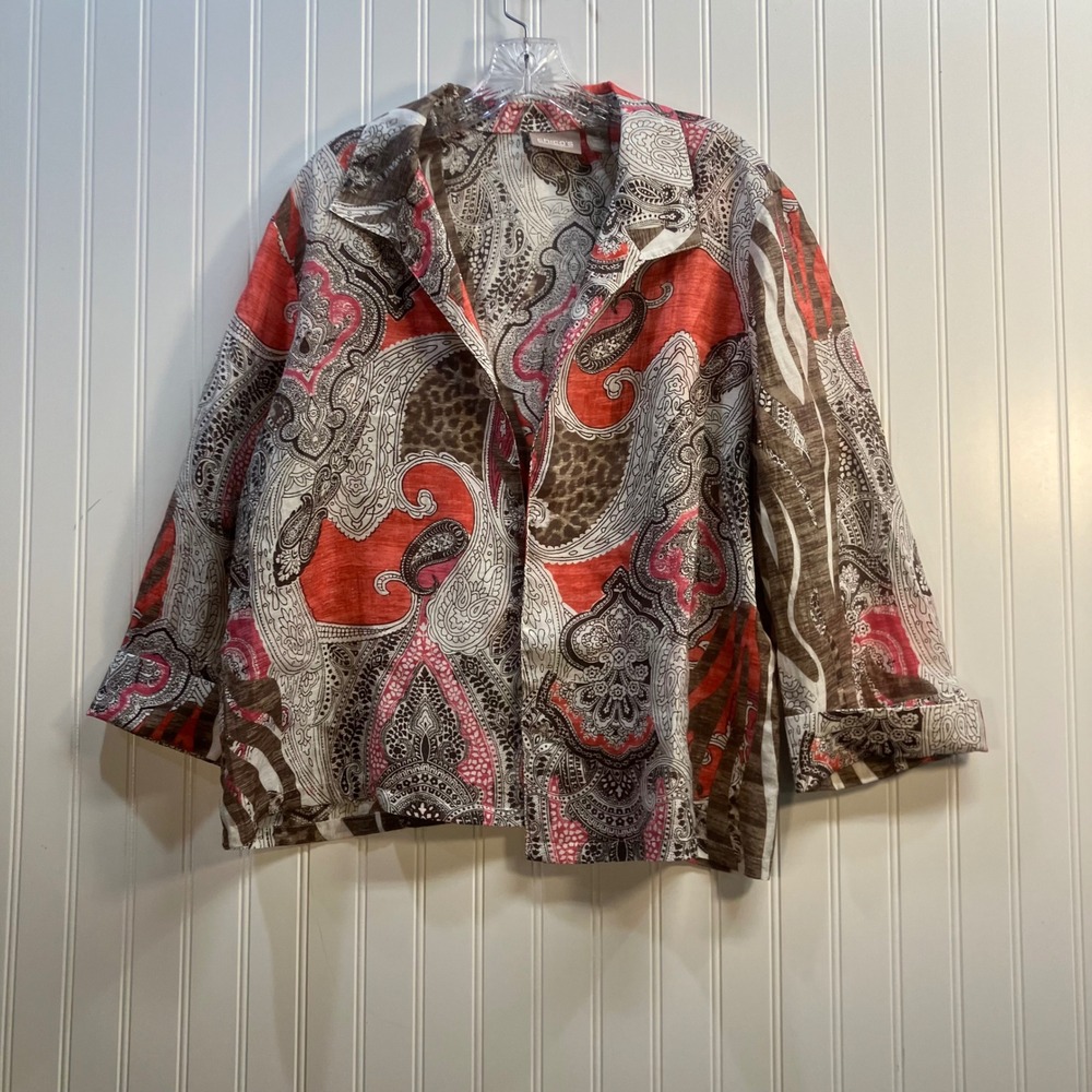 Chicos Paisley Cheetah Mixed Print Open Front Jacket Orange Brown White 3 XL